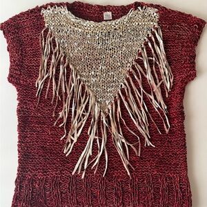 Fringed 100% Lamb Leather top in Burgundy and Cream